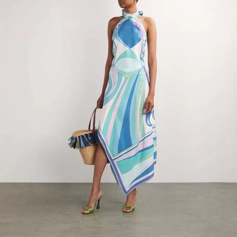 Zimmermann Sleeveless Halter Scarf-Print Midi Dress in Blue & Mint